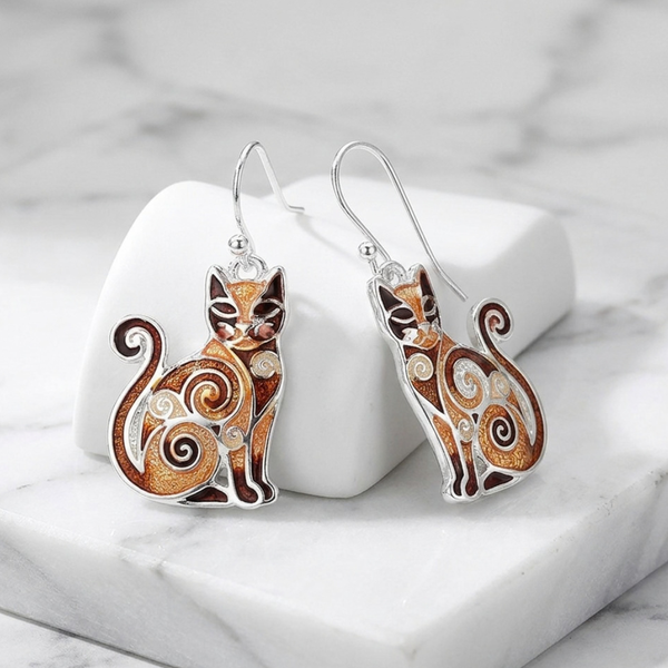 Sybil - Enamel Swirl Cat Dangle Earrings
