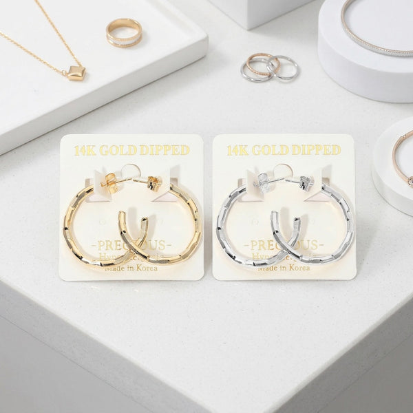 Keira - 14K Gold Dipped / White Gold Dipped Textured Hypoallergenic Faceted Hoop Earrings