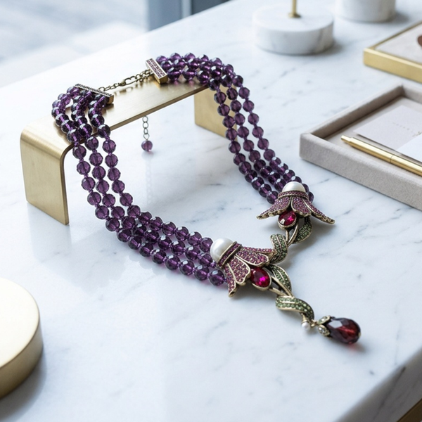 Audrina - Pearl Rhinestone Floral Multi Strand Statement Necklace