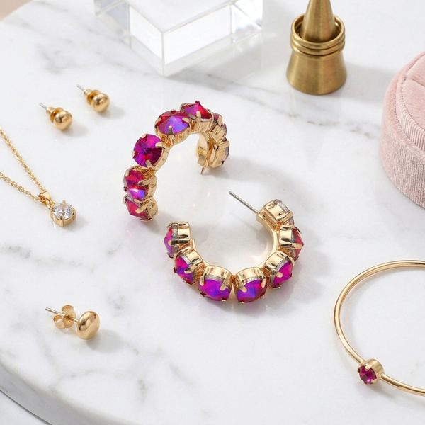 Alice - Faceted Round Stone Hoop Earrings