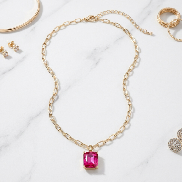 Malia - Faceted Gem Pendant Paperclip Chain Necklace