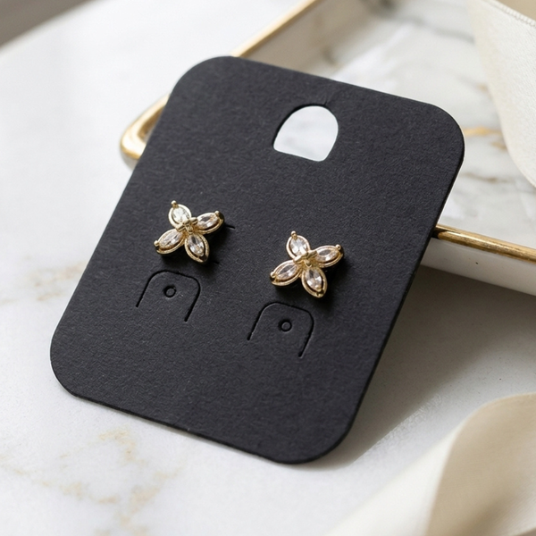 Bear - Cubic Zirconia Four Petal Flower Stud Earrings