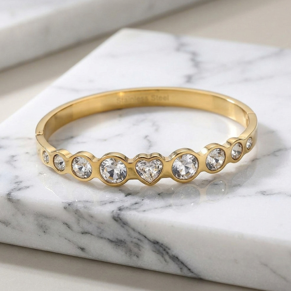 Lexley - Stainless Steel Multi Heart Stone Hinged Bangle Bracelet