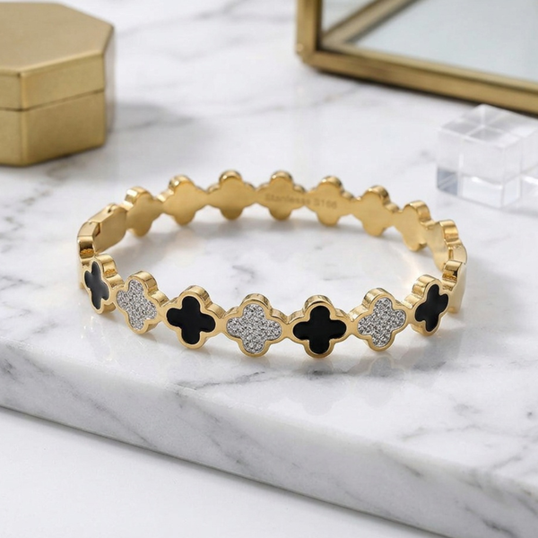 Liora - Stainless Steel Quatrefoil Accent Hinged Bangle Bracelet