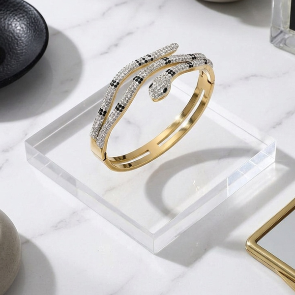Allegra - Stainless Steel Rhinestone Pave Snake Hinged Bangle Bracelet
