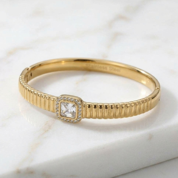 Mavis - Stainless Steel Square Stone Halo Ribbed Hinged Bangle Bracelet