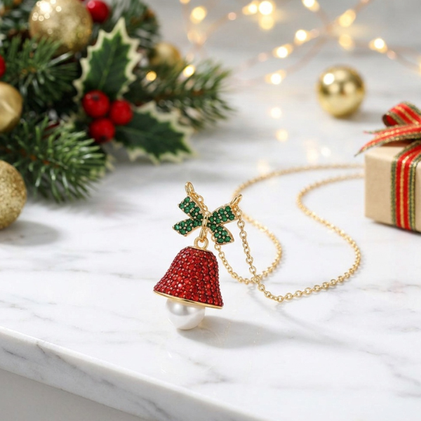 Giada - Gold Dipped Cubic Zirconia SJingle Bell Pearl Pendant Necklace