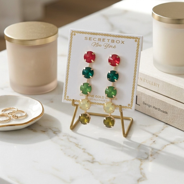 Rumi - Gold Dipped Five Round Gem Linear Drop Earrings