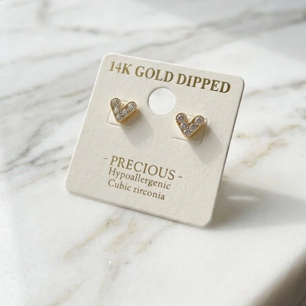 Amalie - Gold Dipped Cubic Zirconia Pave Heart Stud Earrings