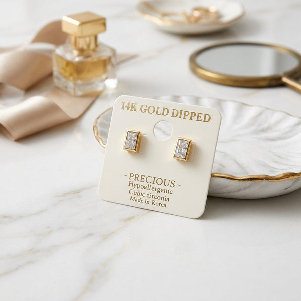 Seine - 14K Gold Dipped Cubic Zirconia Retangular Stud Earrings