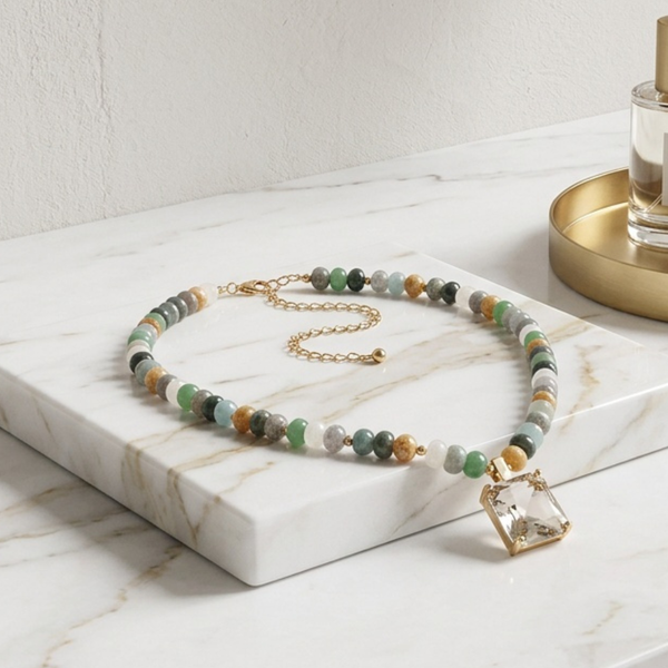 Leona - Square Gem Pendant Beaded Necklace