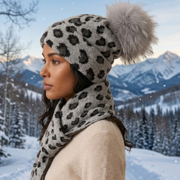 Alessandra - 2 PCS Cozy Leopard Print Winter Scarf Pom Pom Beanie Set