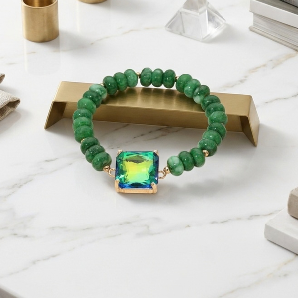 Ivey - Square Gem Charm Beaded Stretchable Bracelet