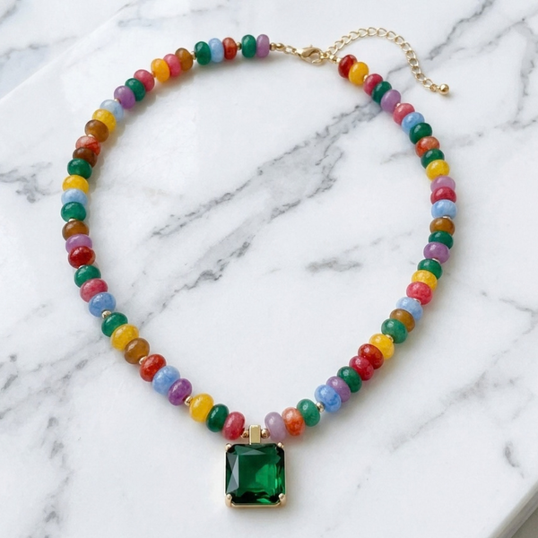 Leona - Square Gem Pendant Beaded Necklace