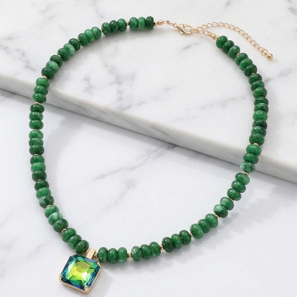 Leona - Square Gem Pendant Beaded Necklace