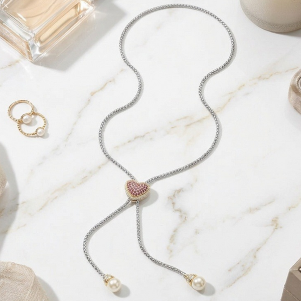 Aubrielle - 14K Gold Plated Cubic Zirconia Heart Pearl Tip Drop Lariat Necklace