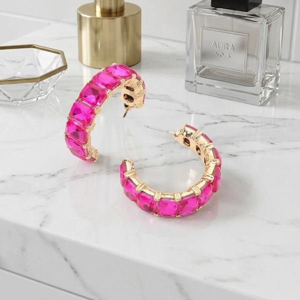 Kehlani  - Faceted Rectangular Gem Hoop Earrings