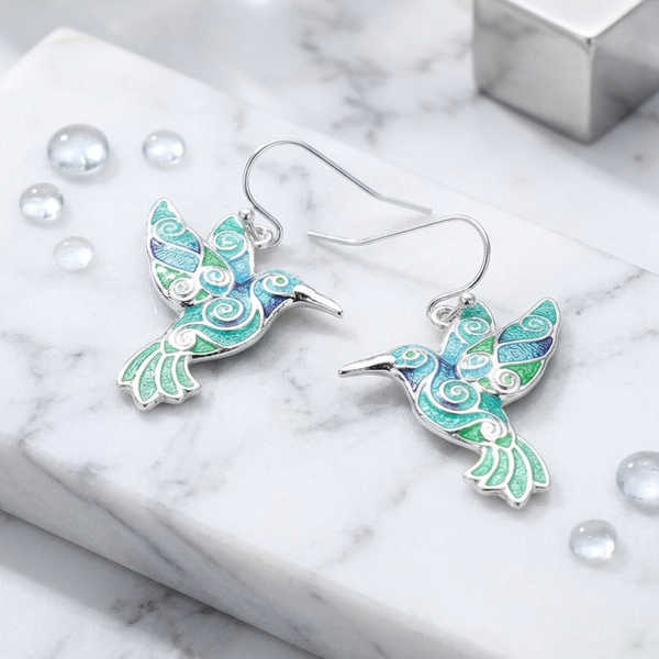 Judith  - Enamel Swirl Hummingbird Charm Dangle Earrings