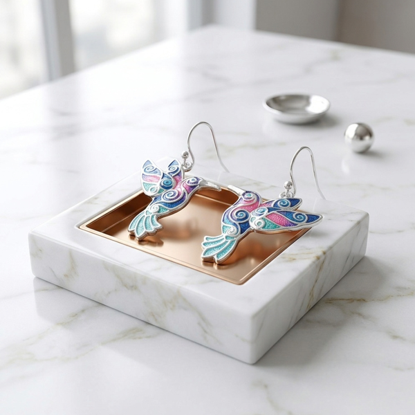 Judith  - Enamel Swirl Hummingbird Charm Dangle Earrings