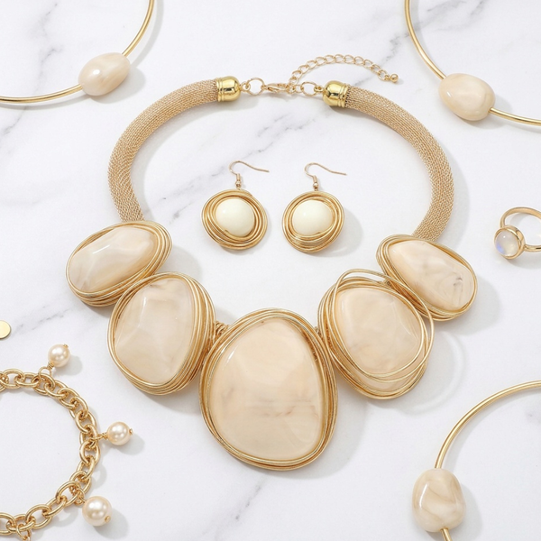 Alanna - Bold Wire Wrapped Marbled Resin Statement Necklace Set