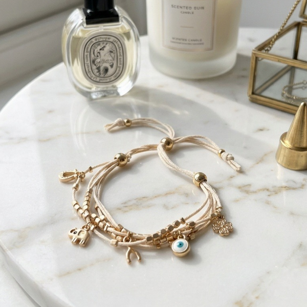 Mimi - Evil Eye Multi Charm Adjustable Pull Tie Bracelet