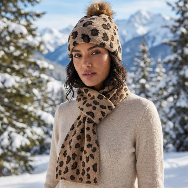 Alessandra - 2 PCS Cozy Leopard Print Winter Scarf Pom Pom Beanie Set