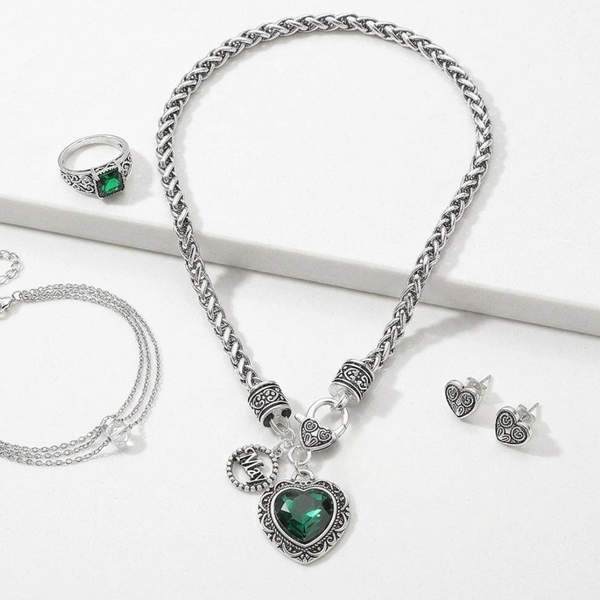 Annika - Birthstone Heart Charm Pendant Braided Chain Necklace