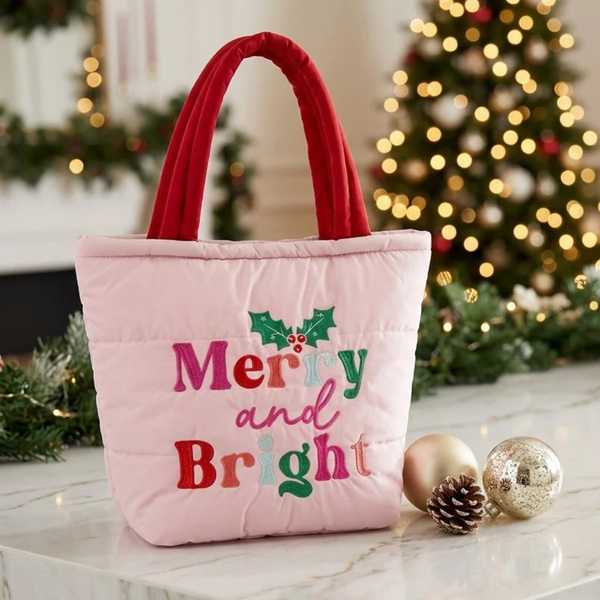 Skylar - MERRY and BRIGHT Embroidered Quilted  Tote Bag