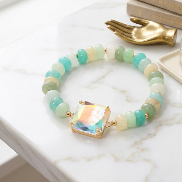Ivey - Square Gem Charm Beaded Stretchable Bracelet