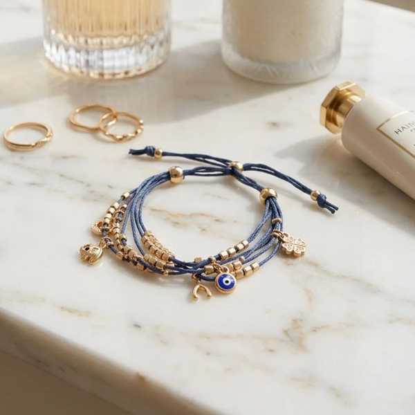 Mimi - Evil Eye Multi Charm Adjustable Pull Tie Bracelet