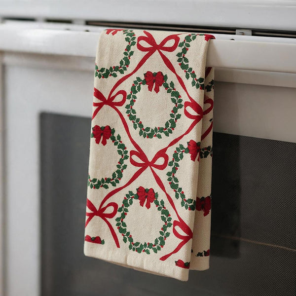 Ada - 2 PCS Christmas Wreath Bow Lattice Print Kitchen Towel