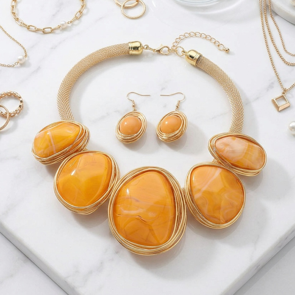 Alanna - Bold Wire Wrapped Marbled Resin Statement Necklace Set