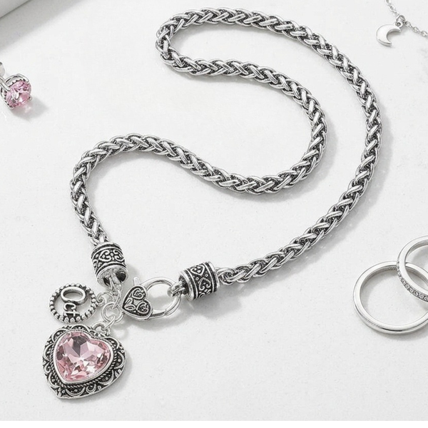 Annika - Birthstone Heart Charm Pendant Braided Chain Necklace