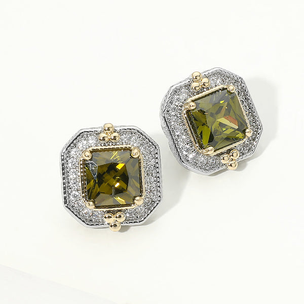 Arya - 14K Gold Plated Square Cubic Zirconia Halo Evening Stud Earrings