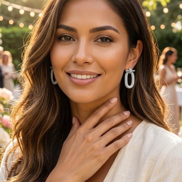 Levi  - Cubic Zirconia Pave Oval Link Drop Earrings