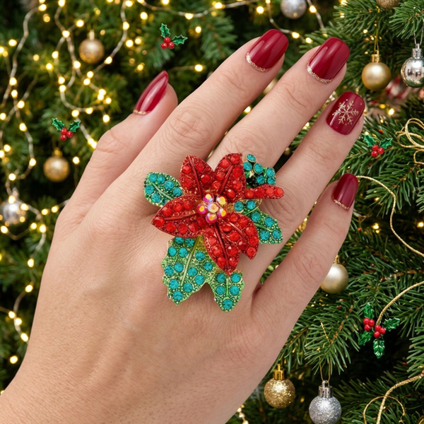 Arabella - Rhinestone Christmas Holiday Poinsettia Ring