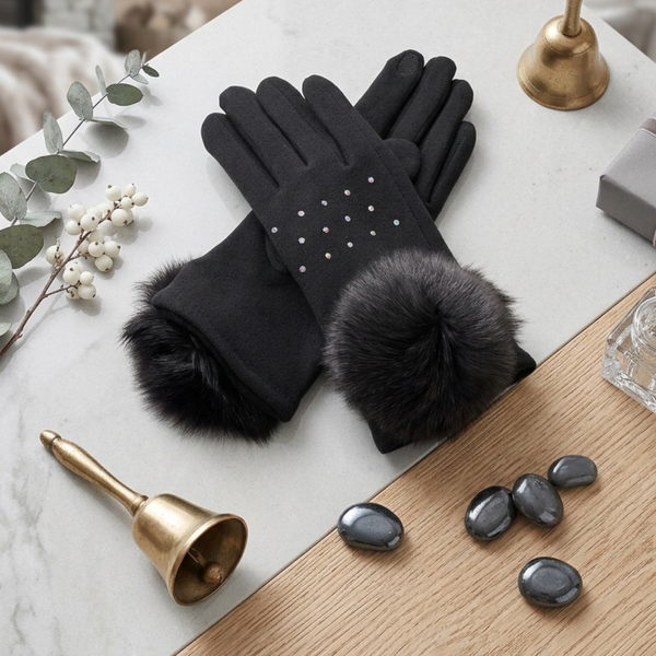 Aida - Faux Fur Cuff Pom Rhinestone Embellished Smart Touch Winter Gloves