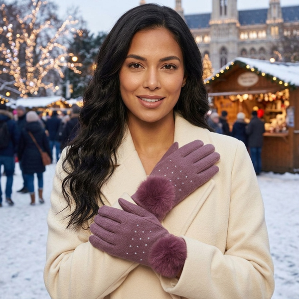 Aida - Faux Fur Cuff Pom Rhinestone Embellished Smart Touch Winter Gloves