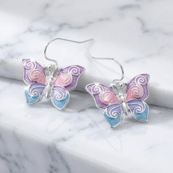 Kilah - Enamel Swirl Butterfly Drop Dangle Earrings