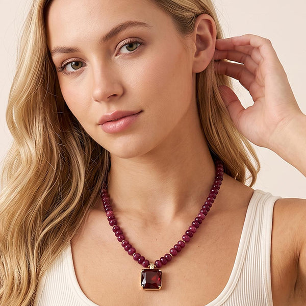 Leona - Square Gem Pendant Beaded Necklace