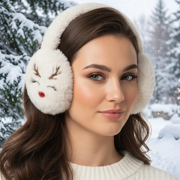 Victoria - Plush Reindeer Embroidered Earmuffs