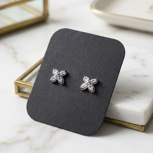 Bear - Cubic Zirconia Four Petal Flower Stud Earrings