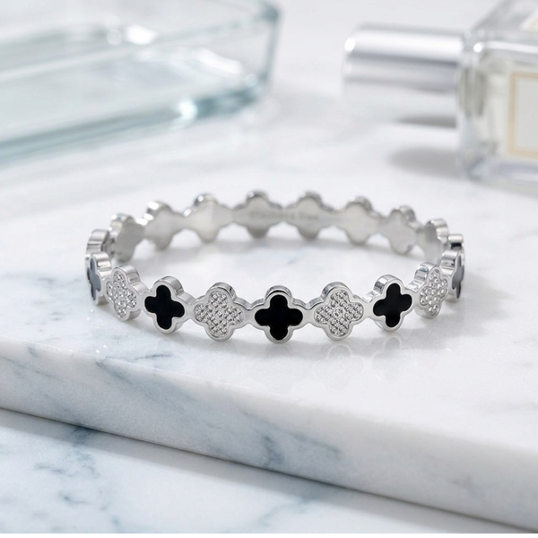 Liora - Stainless Steel Quatrefoil Accent Hinged Bangle Bracelet