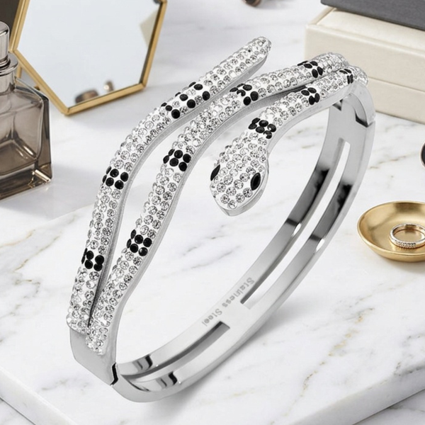 Allegra - Stainless Steel Rhinestone Pave Snake Hinged Bangle Bracelet