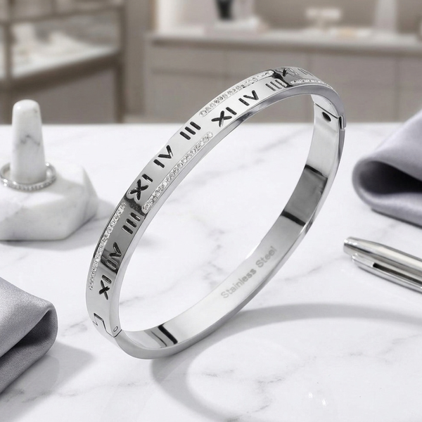 Lace - Stainless Steel Roman Numeral Hinged Bangle Bracelet