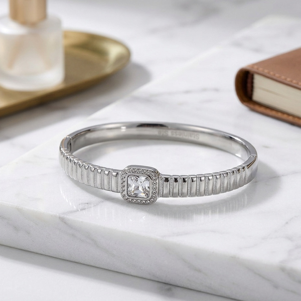 Mavis - Stainless Steel Square Stone Halo Ribbed Hinged Bangle Bracelet