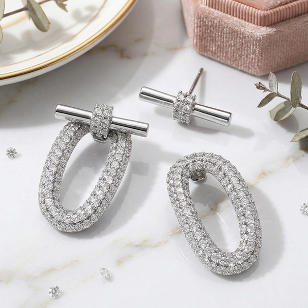 Levi  - Cubic Zirconia Pave Oval Link Drop Earrings