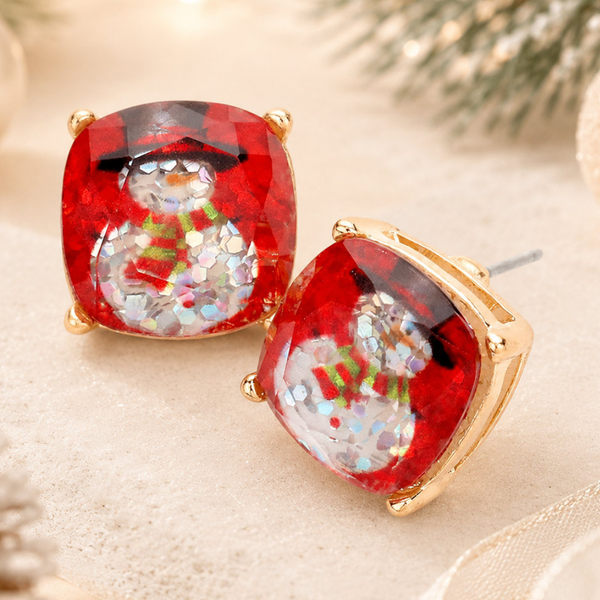 Ellie - Confetti Glitter Snowman Cushion Square Stud Earrings