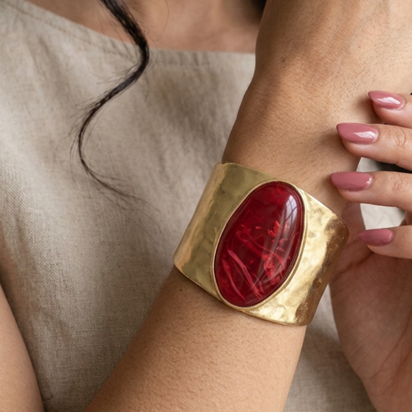 Sonya - Stone Accent Hammered Metal Hinged Bangle Statement Bracelet