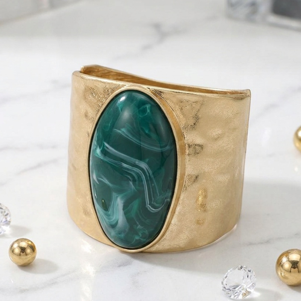 Sonya - Stone Accent Hammered Metal Hinged Bangle Statement Bracelet